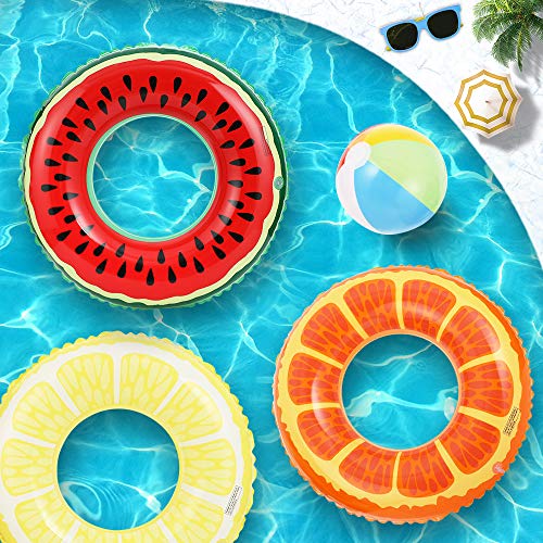 image for Lucky Doug 3PCS Swim Ring with 1 Beach Ball, Kids Inflatable Fruit Swi