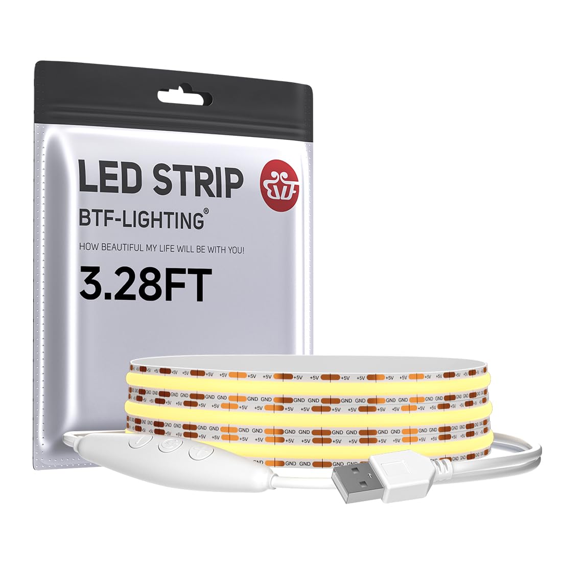 BTF-LIGHTING FCOB LED Strip Lights USB Powered 3.3ft/1m 320LEDs COB FOB Dimmable Natural White 90+ Hight CRI 5V 7W Flexible High Density for TV Backlight PC Bedroom Kitchen Home DIY Decoration