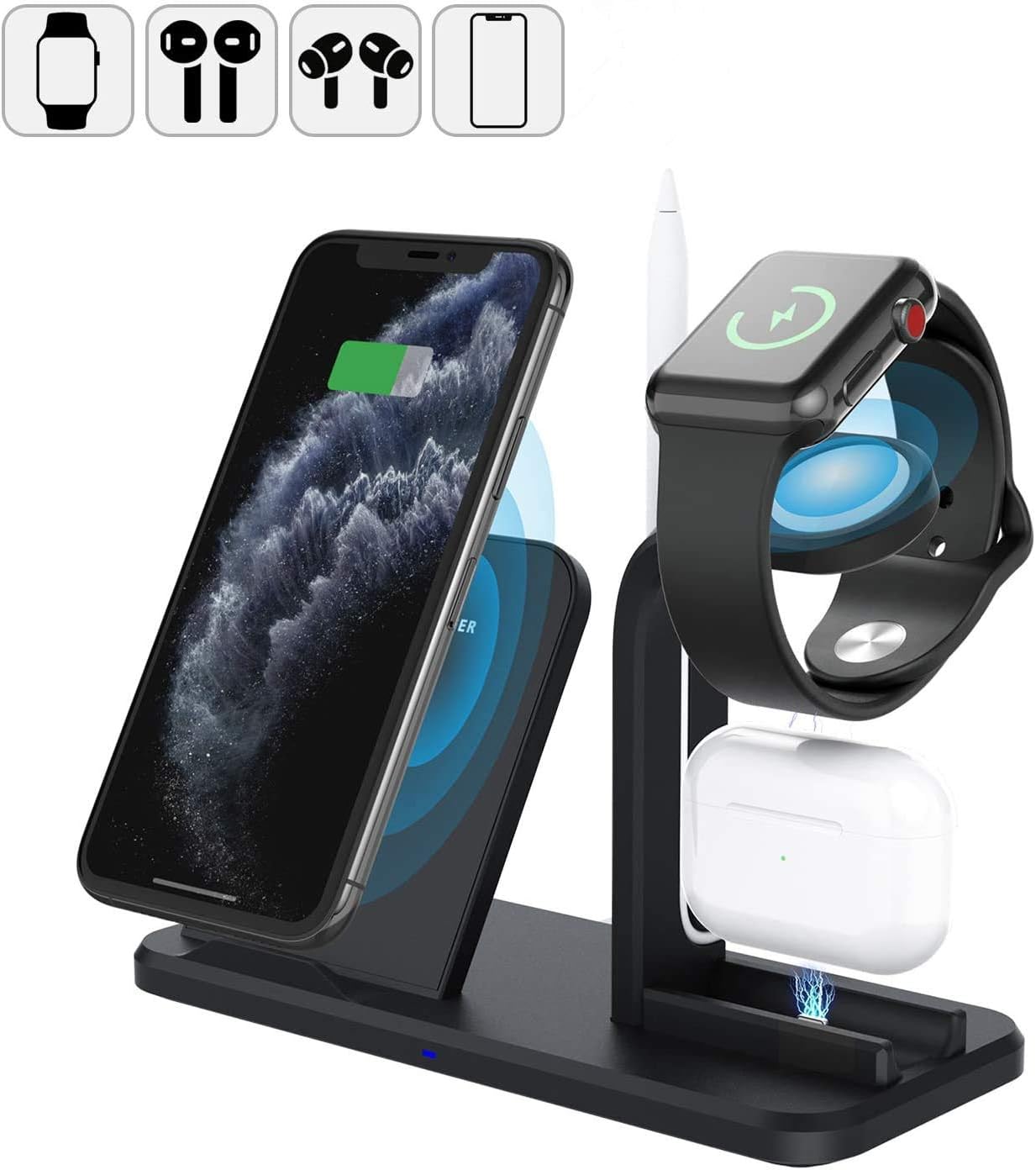 Wireless Charger Stand, APHQUA 3 in 1 Wireless Charging Station Compatible with Apple Watch 5/4/3/2 &Airpods 2/Pro, Qi Fast Wireless Charger Fit for iPhone 11 Pro Max/11 Pro/11/X/XS/XS Max/XR/8/8+