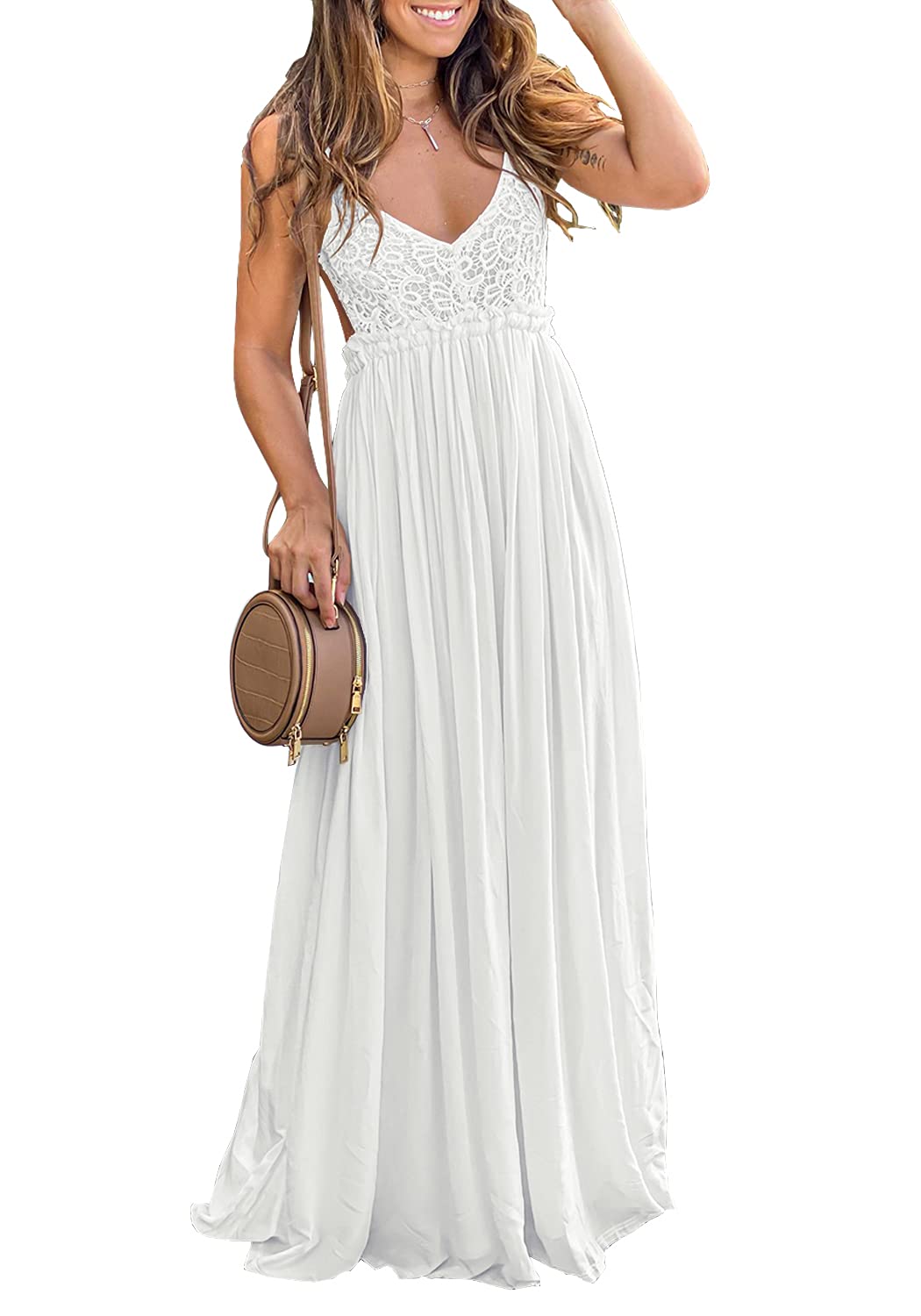 Photo 1 of Ladmous Women's V Neck Floral Lace Wedding Dress Sleeveless Bridesmaid Evening Party Maxi Dress White