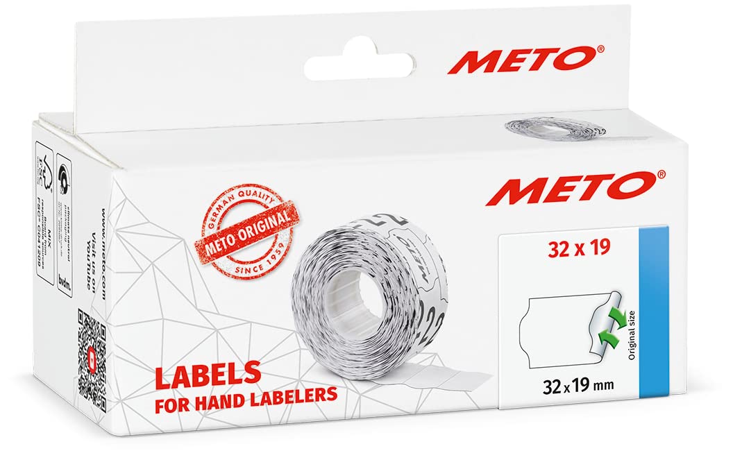 Meto Labels for Handlabelers (32×19 mm, Two-line, 5,000 Labels, White, Removable, for Meto, Contact, Sato, Avery, Tovel, etc.)