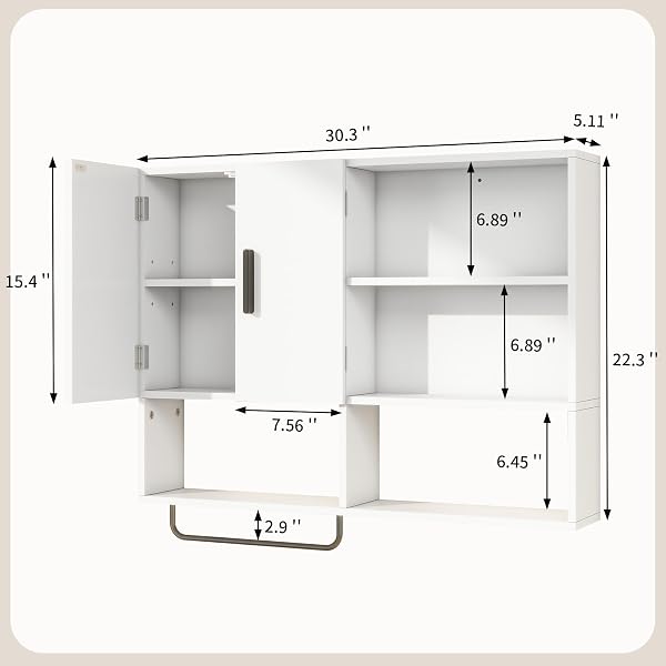VAVKORKULA MEDICINE CABINET, WOODEN BATHROOM WALL CABINET WITH 2 DOORS, ADJUSTABLE SHELVES & TOWEL BAR, OVER TOILET STORAGE CABINET WALL MOUNTED FOR KITCHEN & LAUNDRY, WHITE