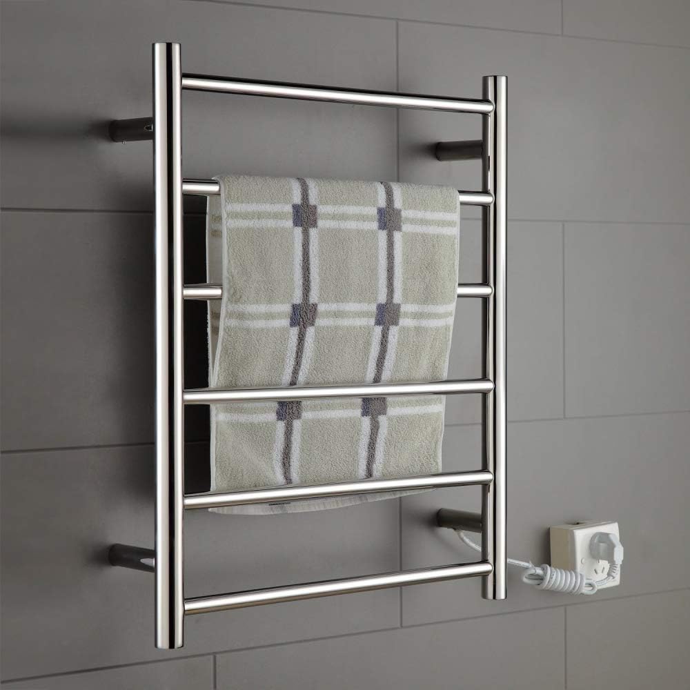 HUIJIN1 Electric towel rack, towel heater, wall-mounted polished 304 stainless steel curved towel rack, 60W, 6-bar bathroom