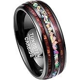 TUNGSTORY Mens Tungsten Wedding Bands - 8mm Created Blue Opal/Fire Opal Rings Hawaiian Koa Wood Inlay Ring Dome Style Comfort Fit Size 5-15