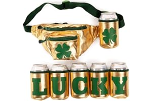 Tipsy Elves St Patrick’s Day Lucky Gold Fanny Pack W/ 6 Drink Holders - Festive Gold and Green Belt Bag - Multiple Secure Zipper Pocket Waist Bag