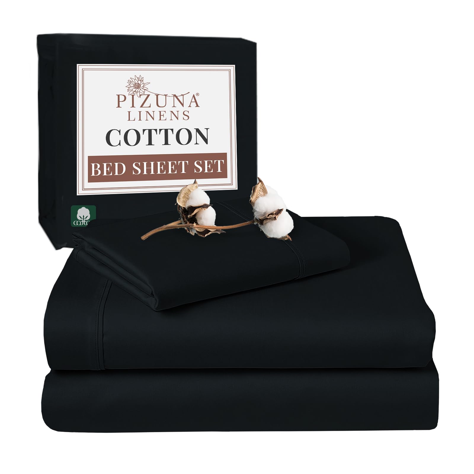 Pizuna 100% Cotton Single Bed Sheet Set Black, 400 Thead Count Long Staple Cotton Bedding Set 180x280 cm, Soft Sateen 3 PC Single Bed Sheet Set - Fitted Sheet, Flat Sheet & 1 Pillowcase