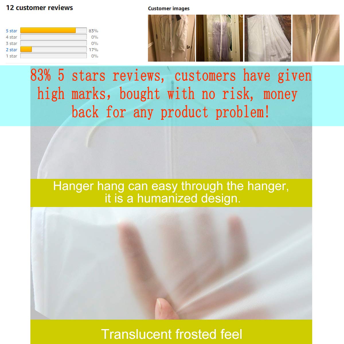 Houmagic Clear Garment Bag 24\'\' x 48\'\' Suit Bag Moth Proof Garment Bags White Breathable Full Zipper Dust Cover Dress Suit Clothes Closet Pack of 6 …