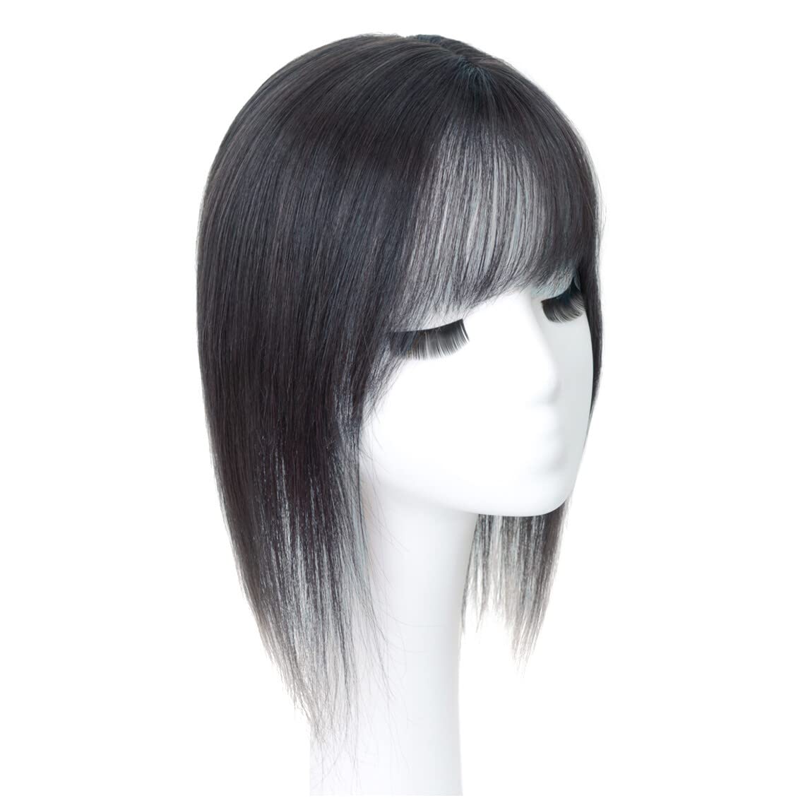 Middle Part Silk Part Base Human Hair Topper 7x10cm Forehead Straight Clip in Hairpiece with Wispy Fringe 30cm Black