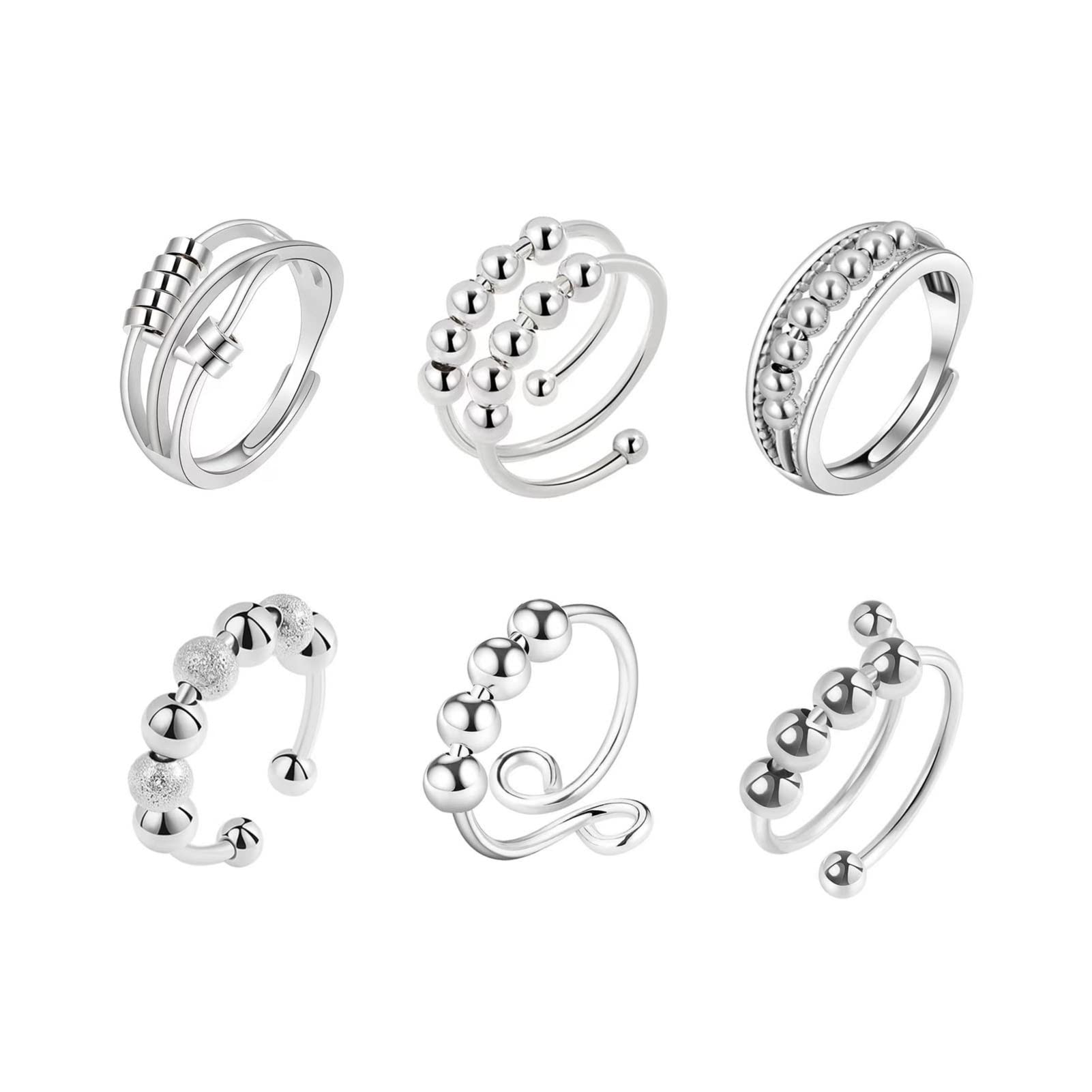 GMEDRIDAS Fidget Rings for Anxiety Women 6Pcs Adjustable Spinner Anxiety Ring,Thumb Rings With Bead Ladies Silver Rings Stress Anxiety Relief Gift for Women Men