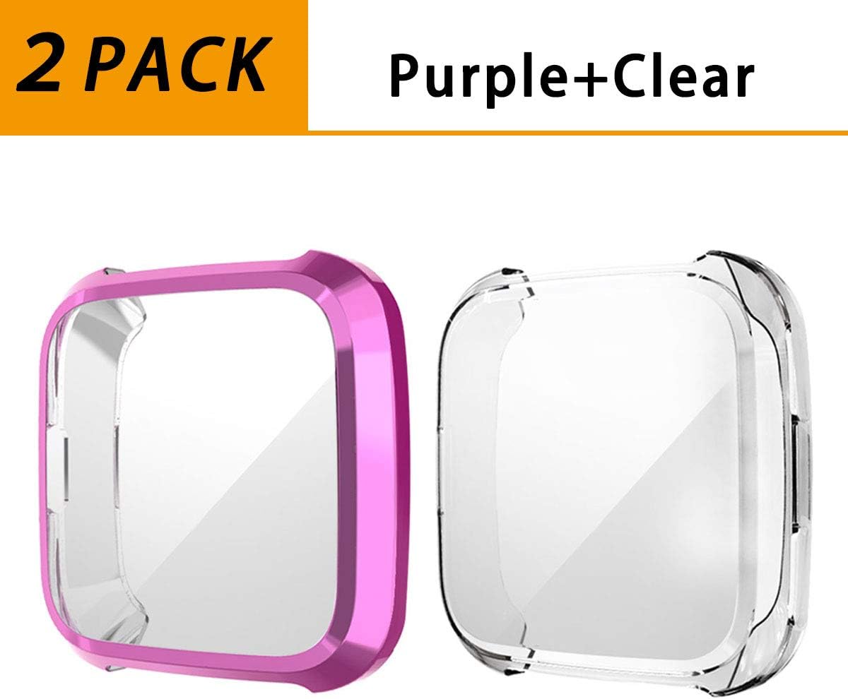 Anzela Fitbit Versa Lite Screen Protector Case [2 Pack], Versa Lite Cover Full Coverage All-round Scratch-Proof Protective Case for Fitbit Versa Lite Edition Smartwatch(Clear & Purple)