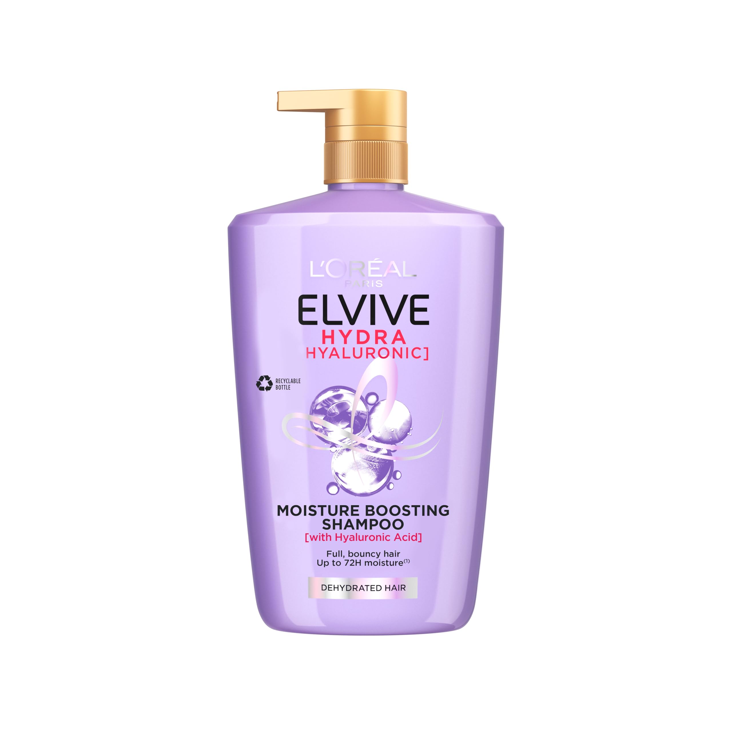 L’Oréal Paris Shampoo For Dehydrated Hair, Elvive Hydra Hyaluronic XL With Hyaluronic Acid For Plumped Bouncy And Shiny Hair, 72H Hydration Without Weight, Suitable For All Textures, Large 1L