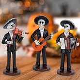 SHAIDOJIO Day of The Dead Figurines Decorations Halloween Skeleton Skull Statue Mariachi Band, Realistic Collectible Folk Musician Players Ornament, Party Festive Indoor Decor (6.5Inch, 3PCS)
