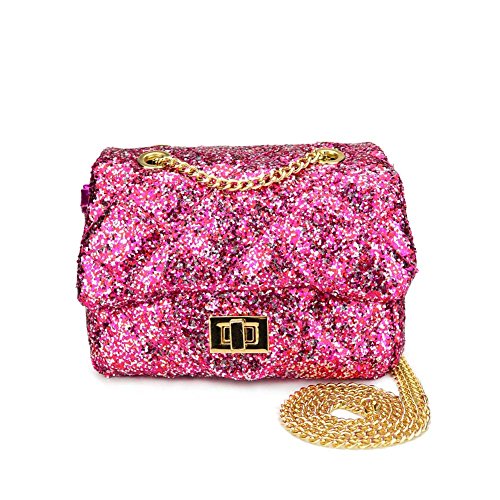 CMK Trendy Kids Quilted Shinning Glitter Kids Crossbody Handbags for Girls with Metal Chain (15cm(L) x 7.5cm(W) x 9cm(H), Glitter hotpink bag)
