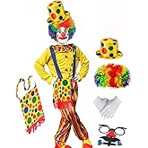 7pcs Clown Costume Set, Jumpsuit with Wig Bag Hat Gloves Glasses Holloween Adult Teens Clown Outfit Party Dress up