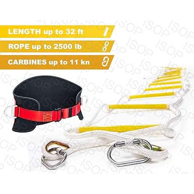 ISOP Emergency Fire Escape Rope ladder 3 - 4 Story Homes 32 ft Flame Resistant Fire Safety Ladders with Hooks &amp; Safety Belt &ndash; Fast Deploy &amp; Simple To Use &ndash; Portable, Compact &amp; Easy to Store- Reusable