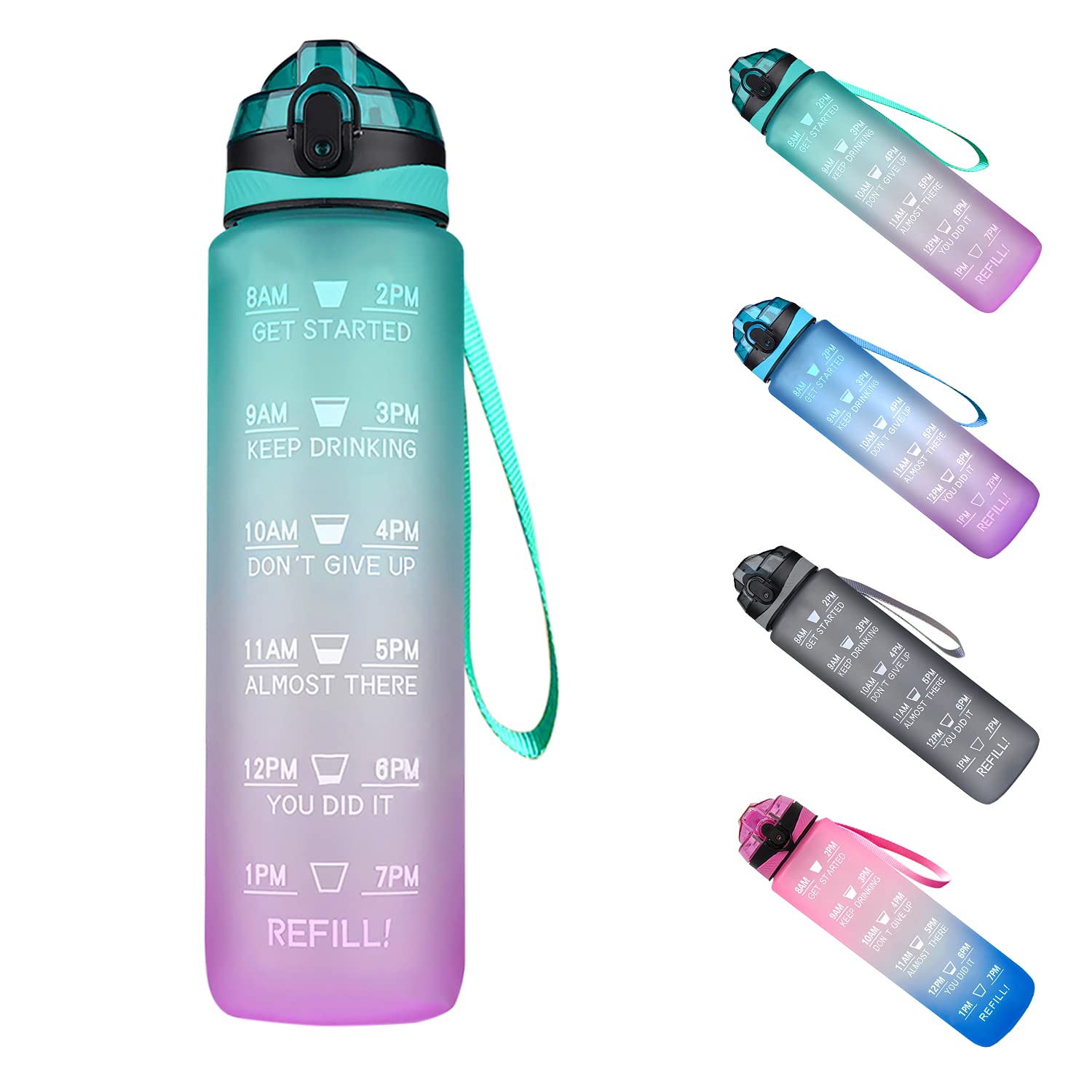 The Glow Motivational Water Bottle - 1-Liter Water Bottle with Time Markings - Premium Sports Water Bottle with Straw - Time Marked Water Bottle for Fitness, Gym, Running - Drink Bottle Green Purple F
