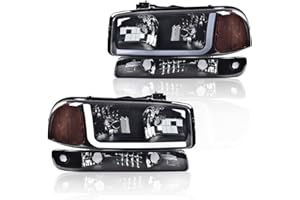 CNNELL LED Headlights Assembly Compatible with GMC 1999-2007 Sierra 1500/Yukon, 2001-2007 Sierra 1500 HD/2500 HD/3500 w/Bumper Signal Lamps(Smoky lens Black Housing Amber Reflector)