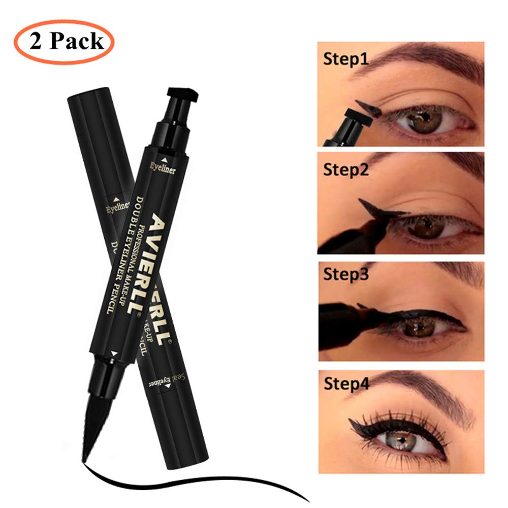 Liquid Eyeliner Stamp 2 Pack, 2 Double-sided Pens, Winged Liquid Eyeliner Stamp & Pencil, Vamp Style Wing, Smudgeproof, Waterproof, Long-lasting, No Dripping (10mm Classic Black)