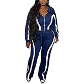 DINGANG Women 2 Piece Sweatsuit Sets Striped Zip Up Cropped Sweatshirt Wide Leg Sweatpant Tracksuit Sets