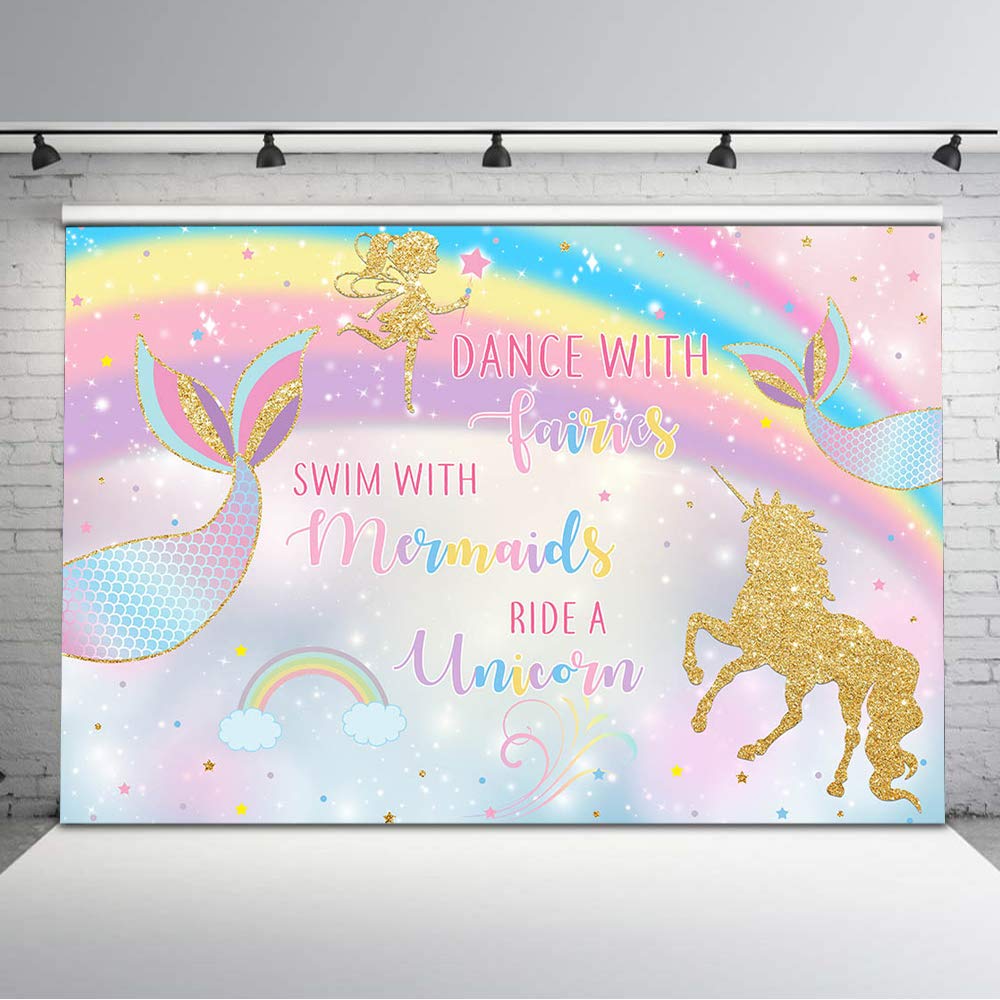 Mocsicka Unicorn Mermaid And Fairy Birthday Backdrop Dance With Fairies Ride A Unicorn Swim With Mermaids Vinyl Background Banner 7x5ft Chase Rainbows Magical Party Photo Backdrops Photoshoot Props Buy Online In Andorra