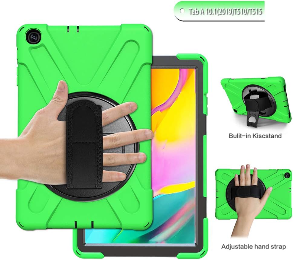 iChicTec Case for Samsung Galaxy Tab A 10.1 2019 SM-T515/T510 with Rotating Hand Strap Built-in Kickstand Heavy Duty 3 Layers Hybrid Rugged Shockproof Case Cover, Green