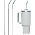 Bluwing Metal Straw with Silicone Tip for 40oz Stanley Cup, 2 Pcs Stainless Steel Straws Replacement for Stanley 40 oz 30 oz Adventure Quencher Travel Tumbler Cup, 1 Straw Brush (Light Gray)