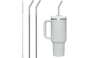 Bluwing Metal Straw with Silicone Tip for 40oz Stanley Cup, 2 Pcs Stainless Steel Straws Replacement for Stanley 40 oz 30 oz Adventure Quencher Travel Tumbler Cup, 1 Straw Brush (Light Gray)