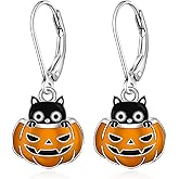 Cat Earrings for Women 925 Sterling Silver Black Cat Earrings Dangle Pumpkin for Halloween Thanksgiving Festive Occasions Leverback