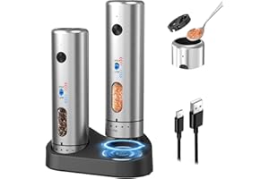 CIRCLE JOY Electric Salt and Pepper Grinder Set with Charging Base, USB Rechargeable Stainless Steel Spice Grinder Salt Mill,