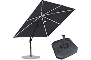 PURPLE LEAF 10 Feet Patio Umbrella with Base Outdoor Cantilever Solar Powered LED Square Umbrella Aluminum Offset Umbrella with 360-degree Rotation for Garden Deck Pool Patio Light Grey