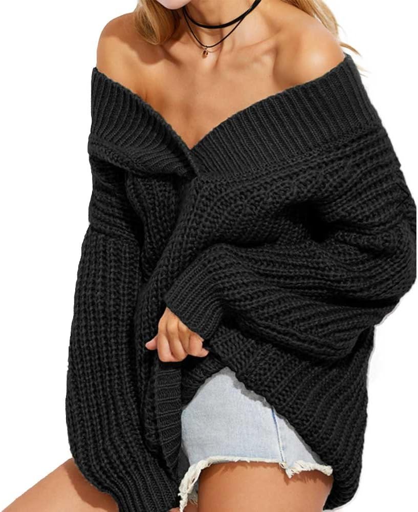 Women's Casual Sexy Warm Long Sleeve Knit Sweatshirts Top Blouse Mini Dress Sweater Knitwear (A-Black)