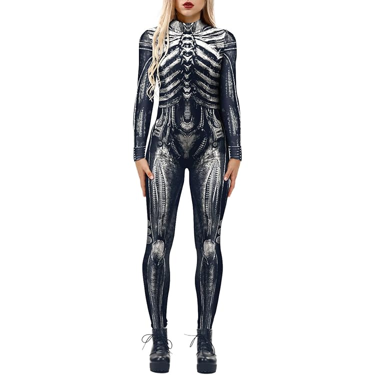 Combinaison Noire Imprimé Squelette Et Roses - Costume Halloween Sexy Pour Femme