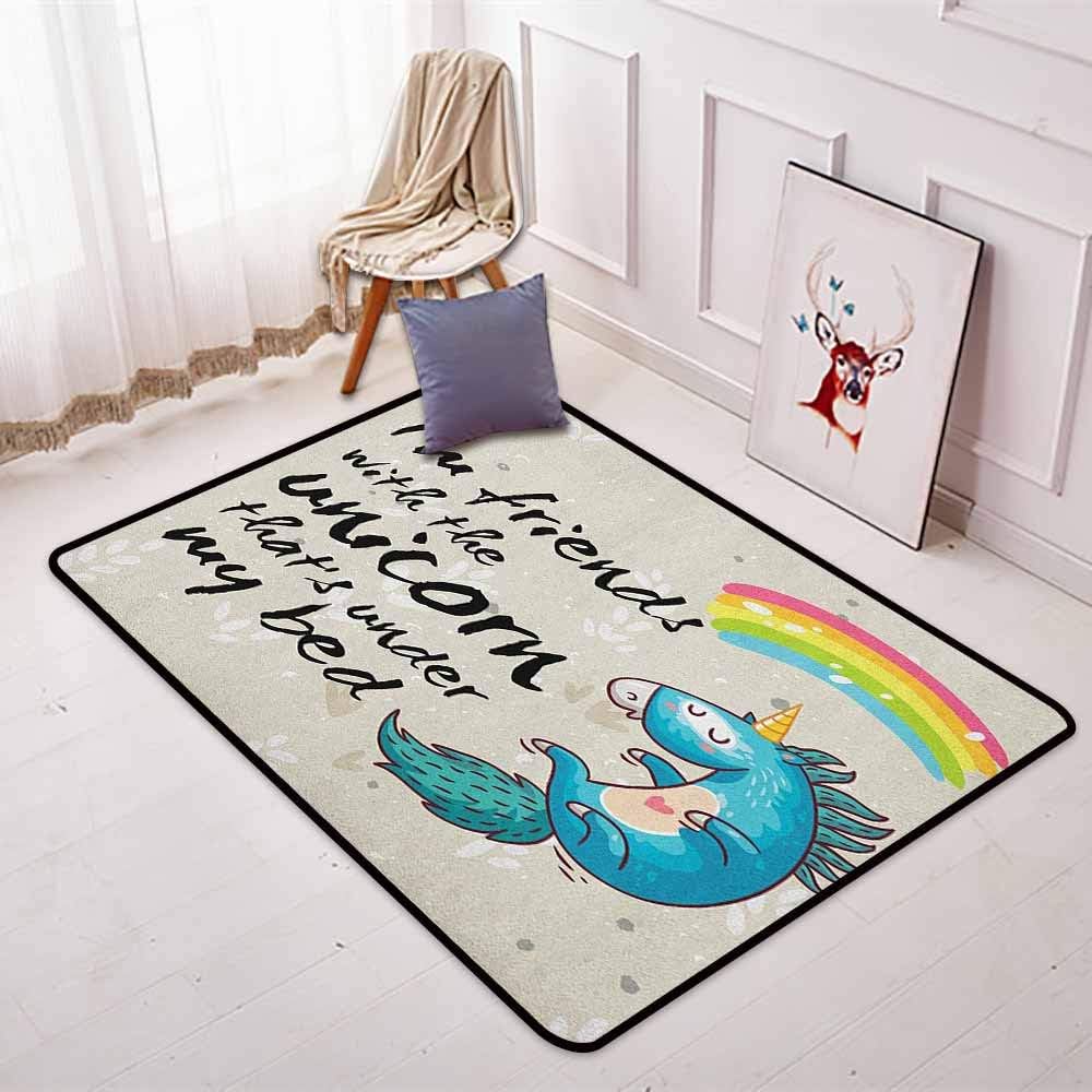 BottleTip Cartoon Multifunctional Round Carpet Unicorn Dreaming with Rainbow Magical Myst Epic Creature Pony Grace Artwork for Bedroom Modern Home Decor W47.2 x L59 Inch Cream Blue Black