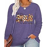 GeLivable Plus Size Thanksgiving Pumpkin Football Fall Long Sleeve Tops for Women Graphic Print Shirts