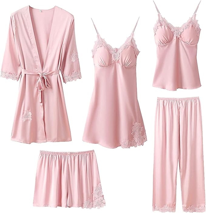 5 Piece Pajamas Set Skirt Pajamas Home wear Silk Satin lace Sexy Lady