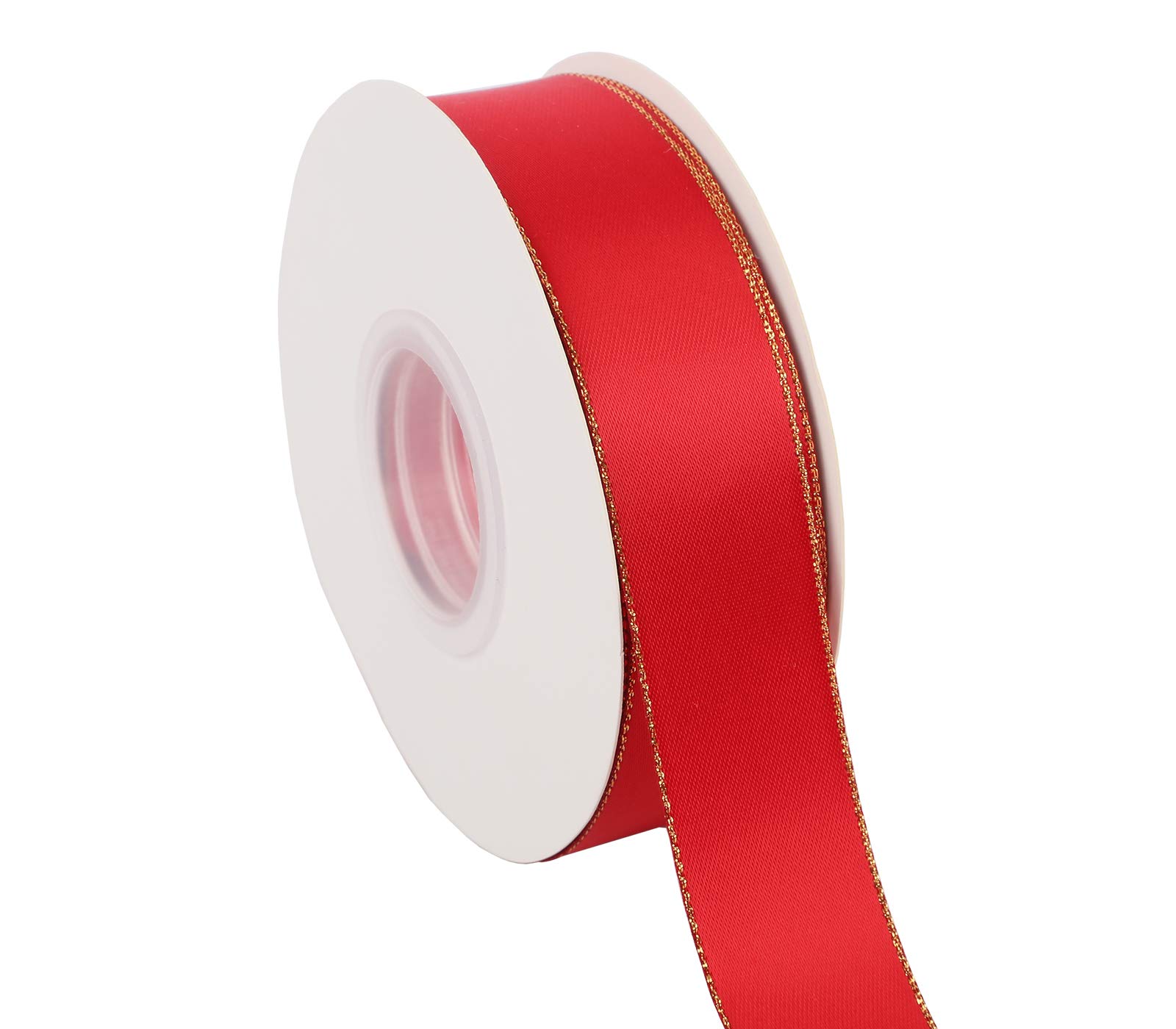 ITIsparkle 25mm Width Double Faced Satin Ribbon 22 Meters with Gold Edges, 25mm X 25M - Red