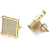 204Dealnow Big Square Flat Screen Iced Hip Hop Earrings CZ 925 Sterling Silver Gold Plated Cubic Zirconia CZ Screw Back Gift For Mens Women's
