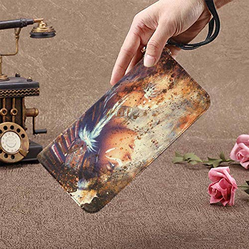 InterestPrint Women's Indian Woman Wearing Feather Headdress with Lion Clutch Wallet with Card Holder Cash Pocket Wrist Strap