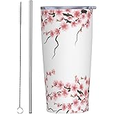 YIKISSKID Cherry Blossoms 20oz Tumbler with Lid and Straw for Women, Pink Flowers Branch Cherry Blossom Insulated Mug Botanical Style Stainless Steel Tumbler Double Wall Vacuum Travel Mug Coffee Cup