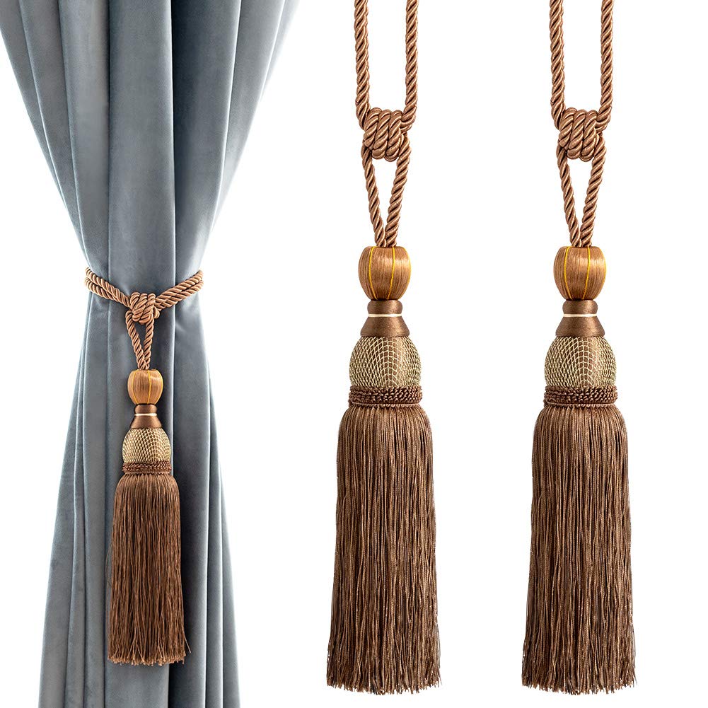 Melodieux Decorative Curtain Tiebacks Ball Tassels Holdbacks - Home Office Windows Drapery Fasteners Braided Buckle Fringe Ropes, Set of 2 (Brown)