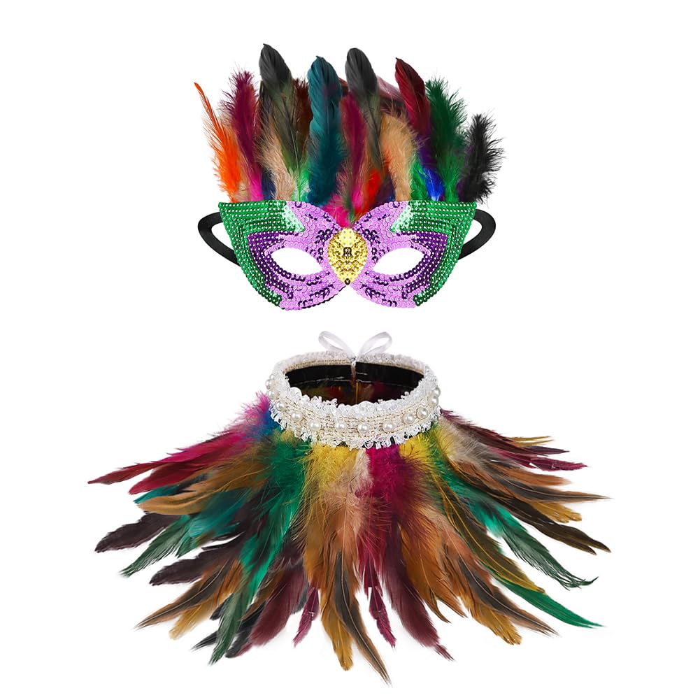 Masquerade Mask and Necklace Set Venetian Eye Mask Fashion Face Mask Feather Mask Halloween Costume Mask Party Mask Mardi Gras Mask Decoration Women Men Masks Scarf Set for Halloween Costume Party