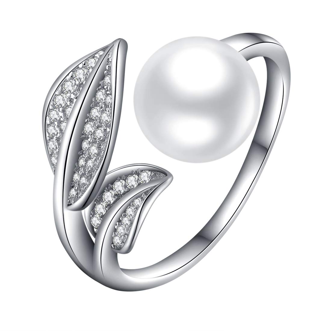 Caimeytie 7.5mm Pearl Ring for Women and Girls with Crystals Adjustable Ring