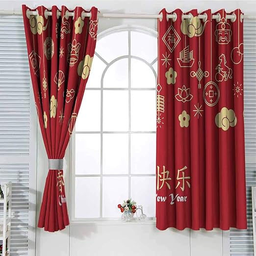 Cortinas chinas de Año Nuevo HELLOLEON con ojales, color coral oscuro
