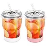 Luxgola 13 oz Glass Water Tumbler with Straw and Lid, 2 Pack Glass Water Cup With Silicone Bumper, Sealed Carry-On Thick Wall Drinking Cups for Iced Coffee, Iced Tea, Fruit Juice (Aurora-White,Pink)