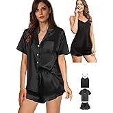 WJing Yi Jia Womens 3Pcs Satin Pajamas Set Ruffle Silk Pajama Sets XS-4XL Sexy Camisole Silky Sleepwear Loungewear Pj Sets