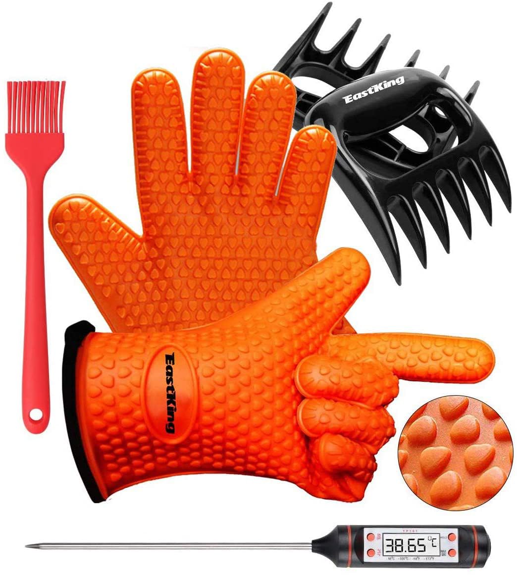 Eastking BBQ Gloves/BBQ Claws/Meat Thermometer and Silicone Brush Superior Value Premium Set (4pcs Set) - Heat Resistant/Non-Slip/Safe/Cooking/Grilling Silicone Gloves for Indoor & Outdoor (Orange)