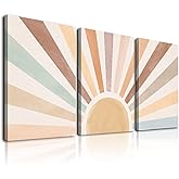 Boho Sun Wall Art Set of 3, Framed Canvas Wall Art Rainbow Sun Rising on the Horizon Geometric Nature Illustrations Line Art Wall, Office, 12
