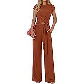 PRETTYGARDEN 2 Piece Lounge Sets For Women 2026 Summer Casual Outfits Cap Sleeve Belted Crop Tops Wide Palazzo Leg Pants