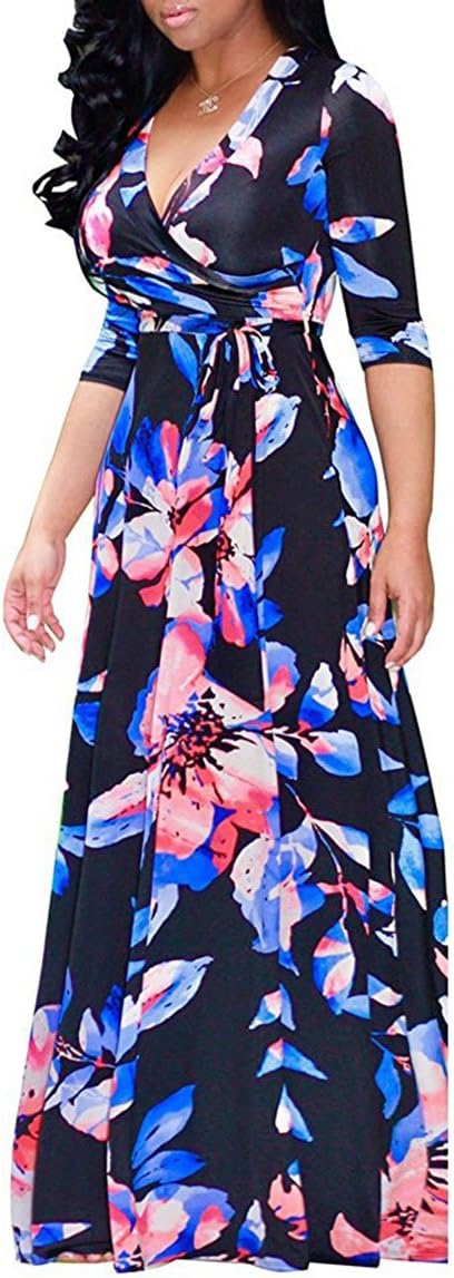 LocryzWomen's V Neck 3/4 Sleeve African Floral Printed Party Loose Long Maxi Dress with Belt S-3XL