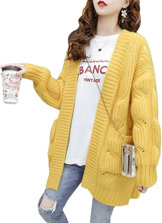 Amazon ｚｈｏｎｇｊｕｅ レディース カーディガン ロングカーディガン ニット セーター ゆったり コーディガン 長袖 ポケット付き 無地 おしゃれ ニットカーディガン 可愛い ニットコート 秋 冬 イエロー カーディガン ボレロ 通販